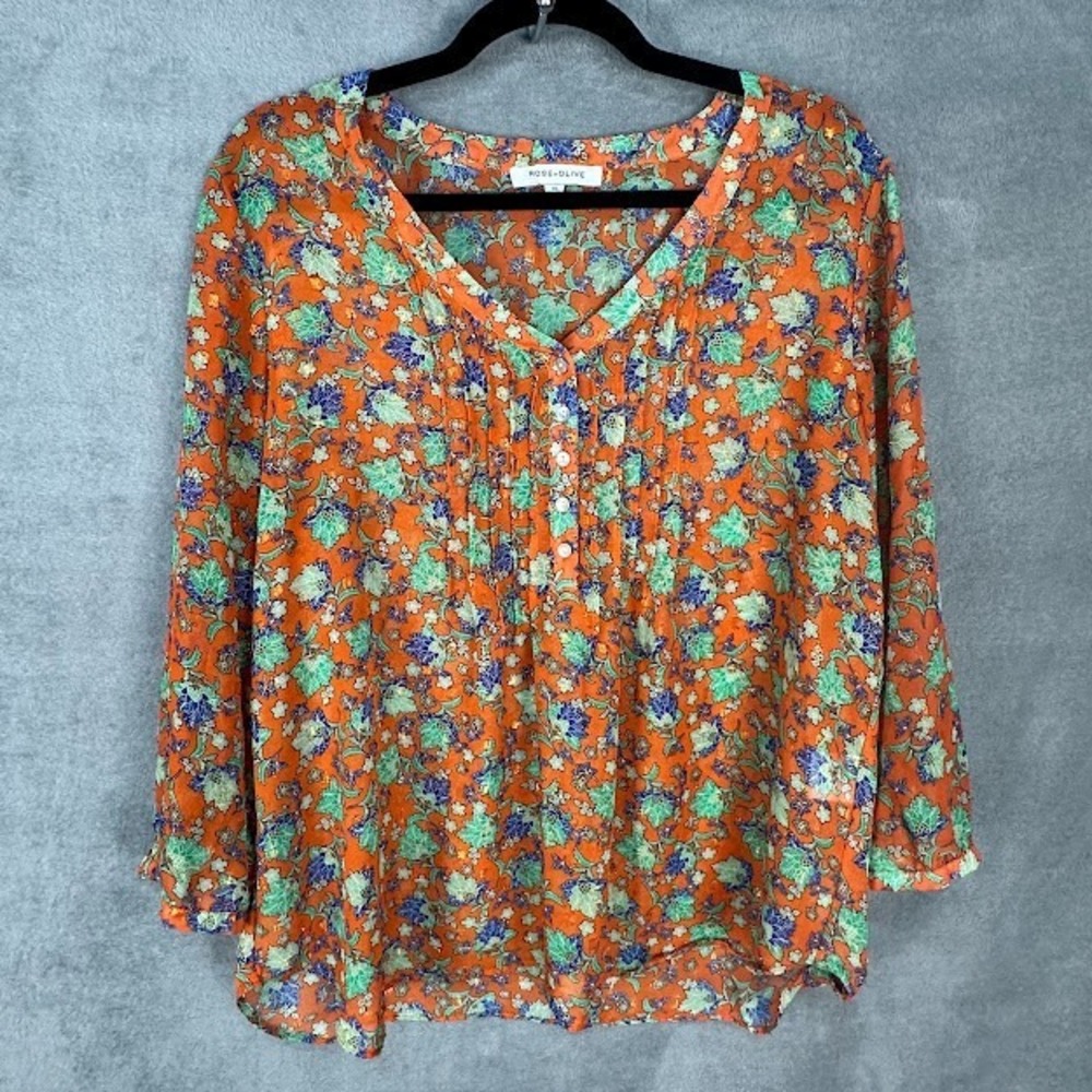 Rose Olive Top Womens 1X Orange Floral Pintuck Sheer 3/4 Length Sleeve Metallic